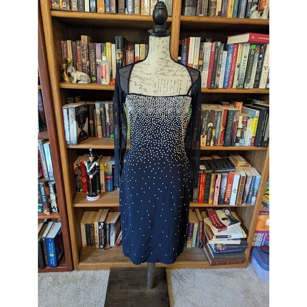 Vintage Tadashi Shoji Women's Medium Blue Beaded Midi Dress With Shawl USA
